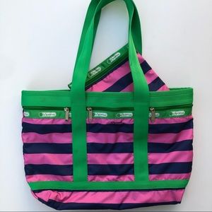 LeSportSac Rugby Travel Tote with Pouch - Green Straps + Pink Navy Stripes